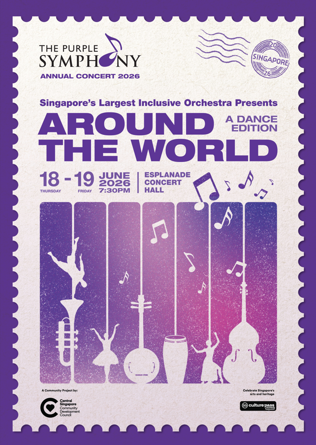 The Purple Symphony Annual Concert 2026 poster features a postcard design in purple, with the slogan "Around The World: A Dance Edition".